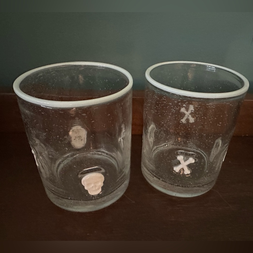 Skull Crossbone Halloween glass cocktail tumblers Soda Lime Icon Pottery Barn